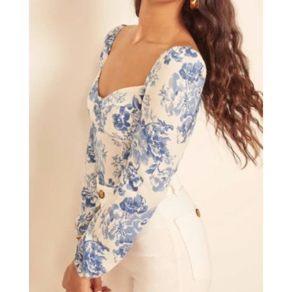 Reformation Reign Top Blue Floral Pattern Sz 6 Sweetheart Cottagecore Coquette